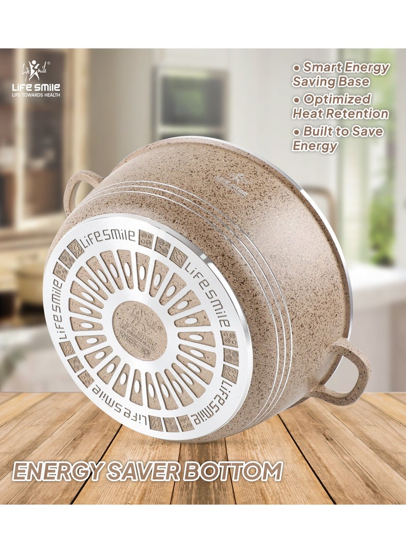 Life Smile طقم أواني الطهي غير اللاصقة من الجرانيت 31 قطعة – أواني طهي غير لاصقة متميزة، أواني الطهي والمقالي | طقم أواني وقواعد تحريض | أطباق خزفية (20/24/28/32/36/40 سم) مع أغطية، أواني ضحلة 28/32 سم، مقلاة مزدوجة 30 سم، قدر صلصة 1.3 لتر، غلاية صفارة 3.0 لتر، مقالي (20/24/28 سم) وملاعق مطبخ سيليكون مع حامل. - Image 2